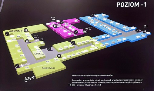 Schemat rozkładu pomieszczeń na poziomie -1 Instytutu Fizyki 
