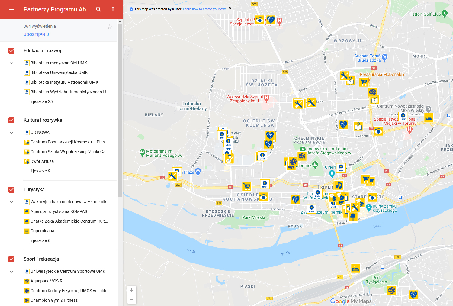 na grafice mapa Torunia z oznaczonymi siedzibami Partnerów oferujących przywileje absolwentom
