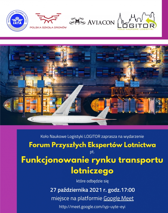 Plakat promujący wydarzenie: zdjęcie główne - samalot na tle kontenerowców lecący nad zatoką