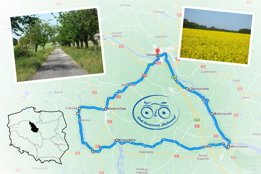 na grafice mapa trasy rowerowej po Kujawach oraz zdjęcia kujawskich dróg i pól
