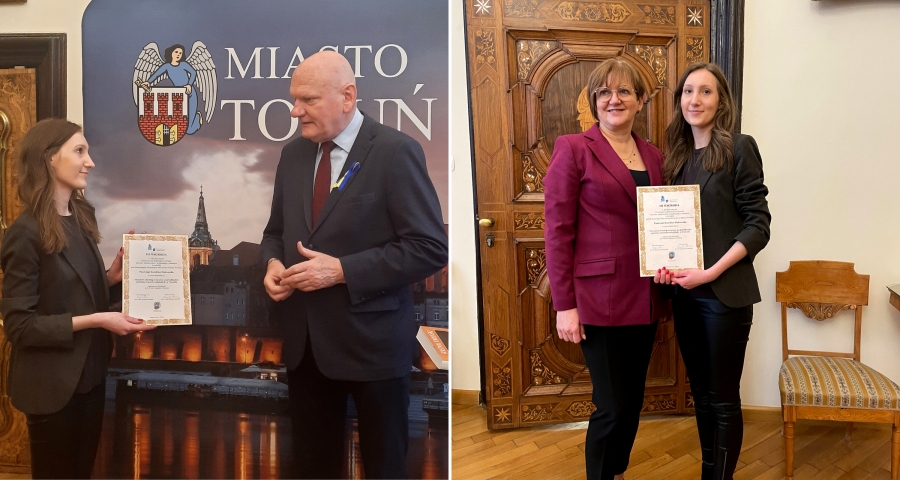 Wręczenie nagrody z rąk prezydenta Torunia, Michała Zaleskiego. 