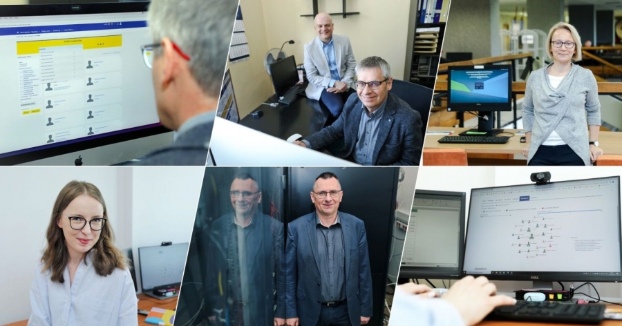 Wdrożenie systemu Omega-Psir na UMK jest pracą zespołową (na zdjęciu część z zaangażowanych: dr Tomasz Wojciechowski, dr Tomasz Wolniewicz, Dorota Kromp, Karolina Jarzynka i prof. dr hab. Ireneusz Grabowski).