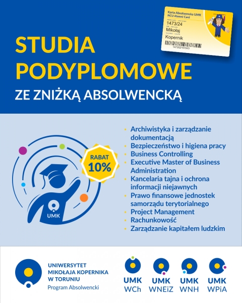 na grafice loga wydziałów i nazwy kierunków studiów podyplomowych, które udzielają 10% zniżki dla absolwentów