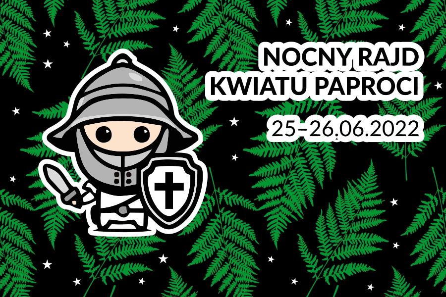 na grafice rycerz na tle liści paproci