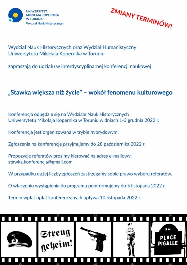 Plakat konferencji Stawka większa niż życie - wokół fenomenu kulturowego. W dole kojarzące się z serialem czarne ikony - czapka wojskowa, napis niemieckim fontem ściśle tajne, pistolet, żołnierz i napis Place Pigalle.