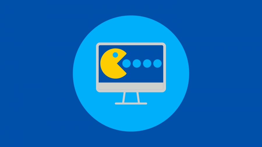 Na środku grafiki monitor, w którym wyświetlana jest gra Pac-Man.