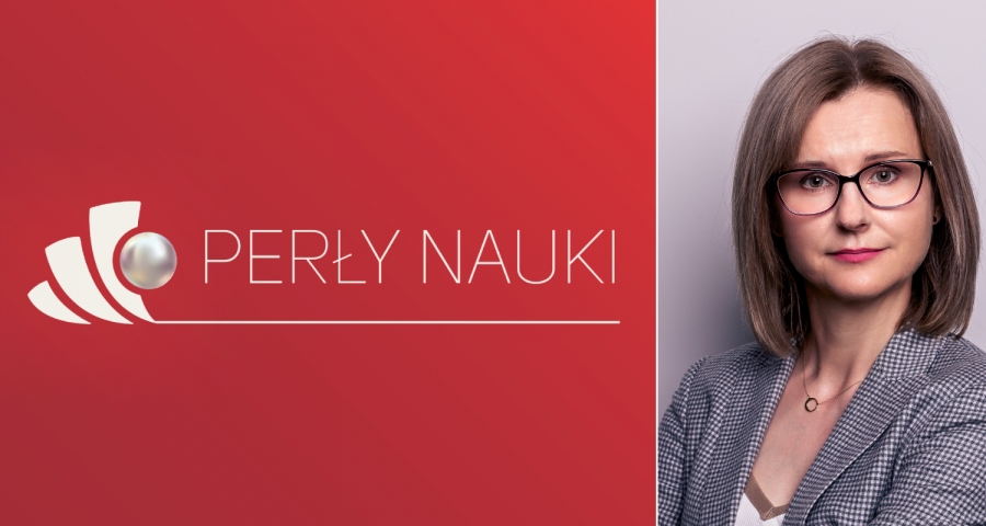 Na zdjęciu dr hab. Justyna Łapińska, prof. UMK - zdjęcie portretowe kobiety oraz logo programu 