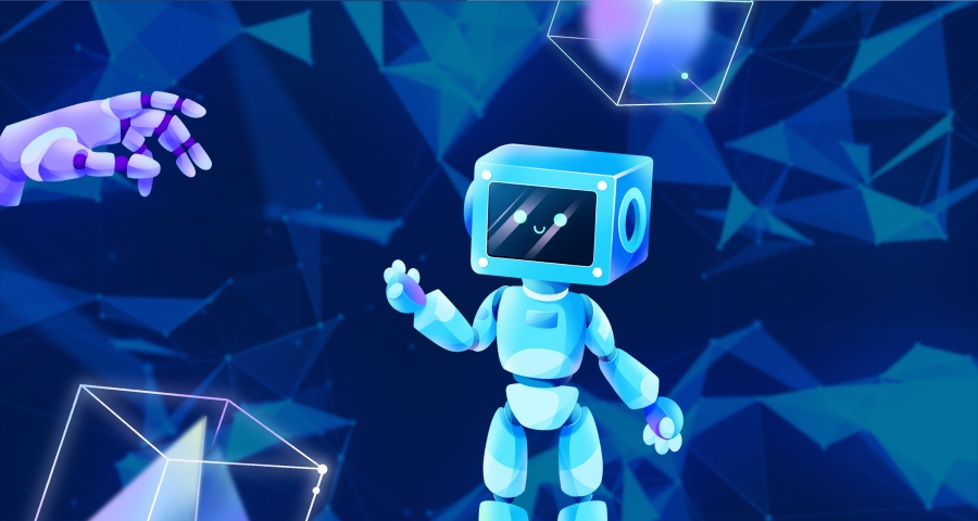 Obrazek dekoracyjny: narysowany robot z telewizorem zamiast głowy, machający do oglądającego. 