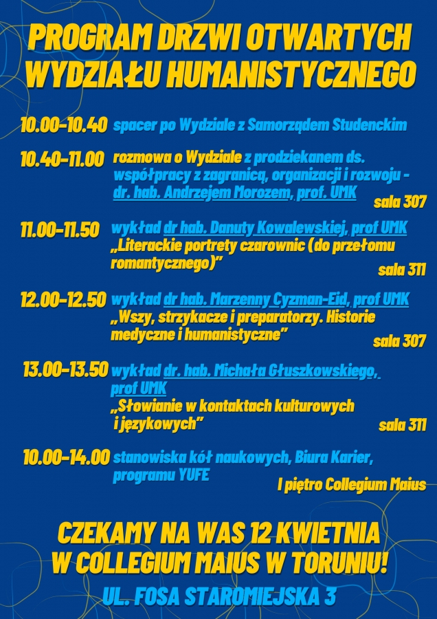Plakt zapraszający na Drzwi Otwarte Wydziału Humanistycznego wraz z programem 