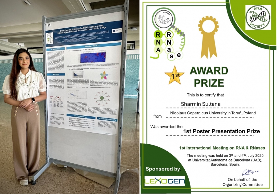 Young woman standing beside a scientific poster presentation on miRNA profiling in herb extracts.