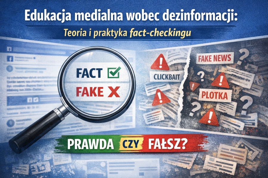 Plakat seminarium o edukacji medialnej i fact-checkingu: lupa nad napisem ?fact/fake?, symbole fake newsów oraz hasło ?Prawda czy fałsz??.