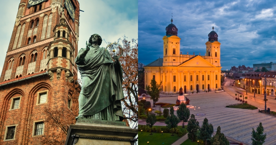 On the left, you can see the brick medieval clock tower of Toruń Town Hall and the Copernicus monument in front of it, whilst on the right, bathed in the evening light, stands the monumental twin-towered cathedral on the vast town square in Debrecen.