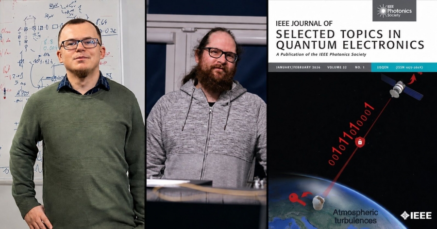 Kolaż zdjęć Artura Czerwińskiego, Mikołaja Lasoty i okładki czasopisma IEEE Journal of Selected Topics in Quantum Electronics
