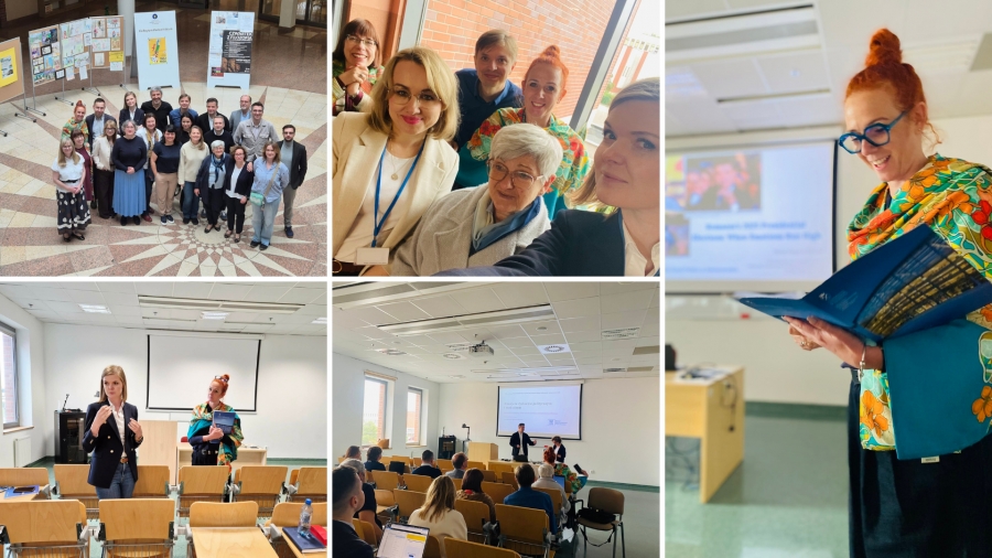 Kolaż zdjęć z seminarium naukowego: uczestnicy pozują do wspólnego zdjęcia, robią selfie oraz uczestniczą w prezentacjach i dyskusjach w sali wykładowej. Na jednym ze zdjęć kobieta z rudymi włosami odbiera lub prezentuje dyplom. Atmosfera wydarzenia jest oficjalna i uroczysta.