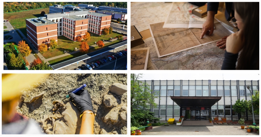 Kolaż czterech zdjęć przedstawiających budynki Wydziału Nauk Historycznych i Instytutu Archeologii, pracę badawczą nad historycznymi mapami oraz archeologa dokumentującego odkrycia podczas wykopalisk.