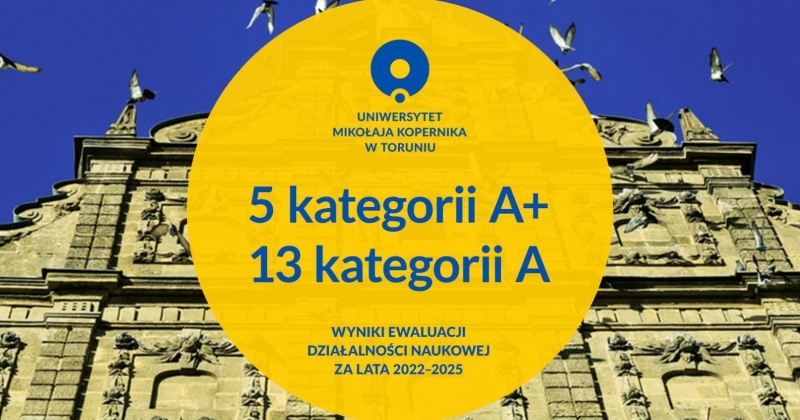 Grafika z logo UMK i informacją o wynikach ewaluacji nałożóna na zdjęcie Collegium Maximum