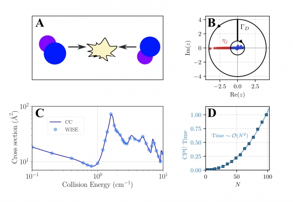 Graphical abstract of the WISE algorithm divided into four panels, from A to D. Panel A is a cartoon representation of a molecular collision: two molecules approach each other from opposite directions to collide at a central point. Panel B is a plot on the complex plane illustrating the distribution of Weinberg eigenvalues. Some of them, marked in blue, are located inside a black circle with a radius of one, while the rest, marked in red, fall outside of it. A black path with arrows, labeled as contour Gamma D, encloses all Weinberg eigenvalues marked in red, symbolizing the isolation of the problematic part of the scattering problem. Panel C is a plot of the cross section as a function of collision energy. The points representing the results of the new WISE method perfectly overlap with the solid line representing the results of the commonly used coupled channels method. Panel D is a plot showing the algorithm's performance. The dependence of computation time on the problem size forms a parabolic curve, labeled as time proportional to N squared.