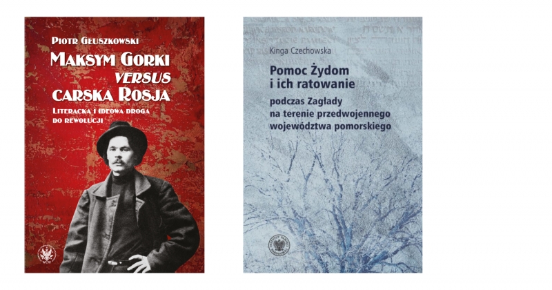 Okładki dwóch publikacji naukowych: po lewej książka o Maksymie Gorkim na czerwonym tle z archiwalnym portretem, po prawej publikacja o pomocy Żydom podczas Zagłady na Pomorzu z utrzymaną w szarościach grafiką drzewa i napisów.