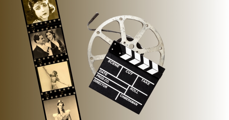Grafika przedstawiająca taśmę filmową ze zdjęciami z dawnych produkcji filmowych oraz starą szpulę filmową z klapsem reżyserskim, nawiązujące do historii kina i sztuki filmowej.