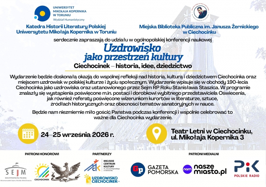 Plakat promujący konferencję: Uzdrowisko jako przestrzeń kultury. Ciechocinek ? historia, idee, dziedzictwo