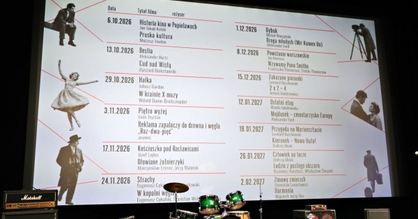 Grafika promocyjna, w srodku napis Akademia polskiego filmu, wokół  wycięte postaci filmowe