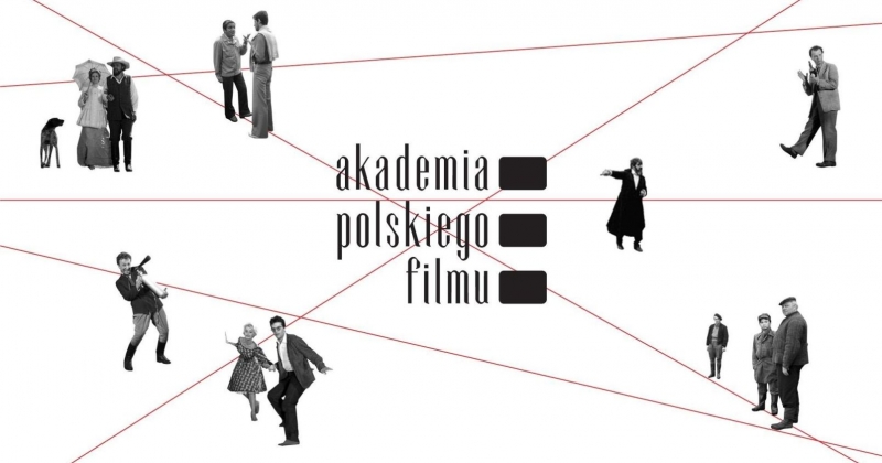 Grafika promocyjna, w srodku napis Akademia polskiego filmu, wokół  wycięte postaci filmowe