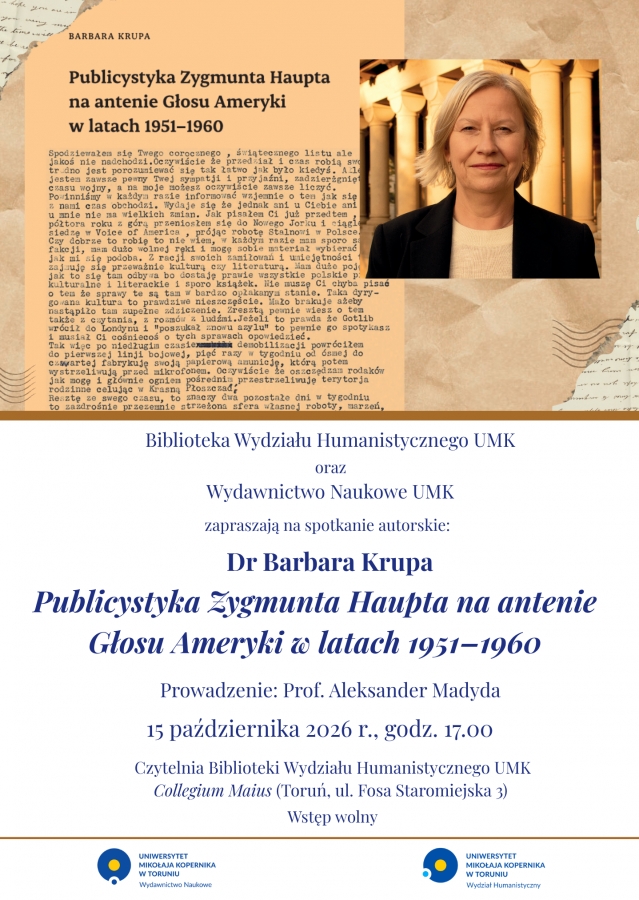 Plakat promujący spotkanie autorskie z dr Barbarą Krupą.