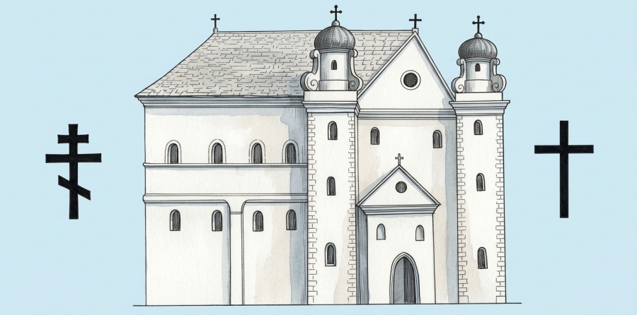 Czarno-biały, liniowy rysunek historycznej cerkwi św. Mikołaja w Brześciu, przedstawiony na jednolitym jasnoniebieskim tle. Po lewej stronie budynku znajduje się czarny krzyż prawosławny, a po prawej stronie czarny krzyż łaciński.